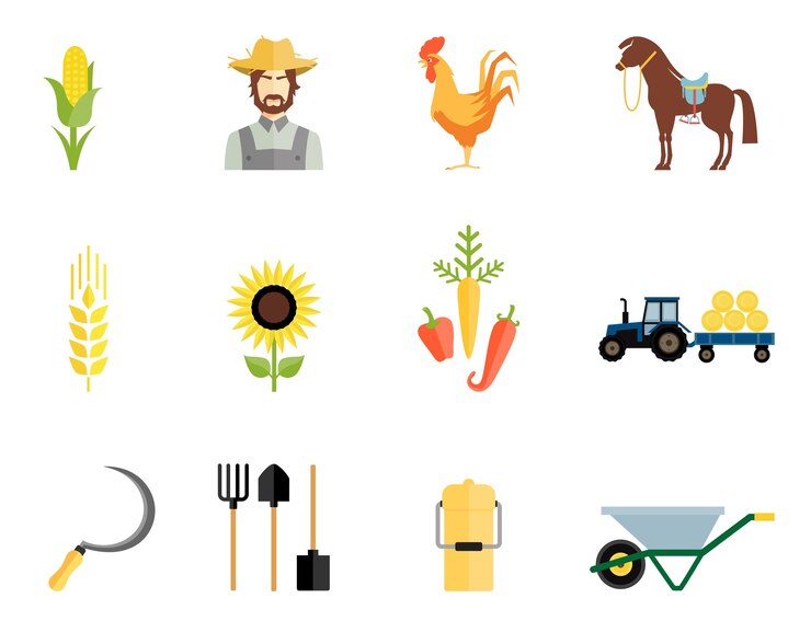 agriculteur-coq-cheval-legumes-icones-outils-travail_1284-44043